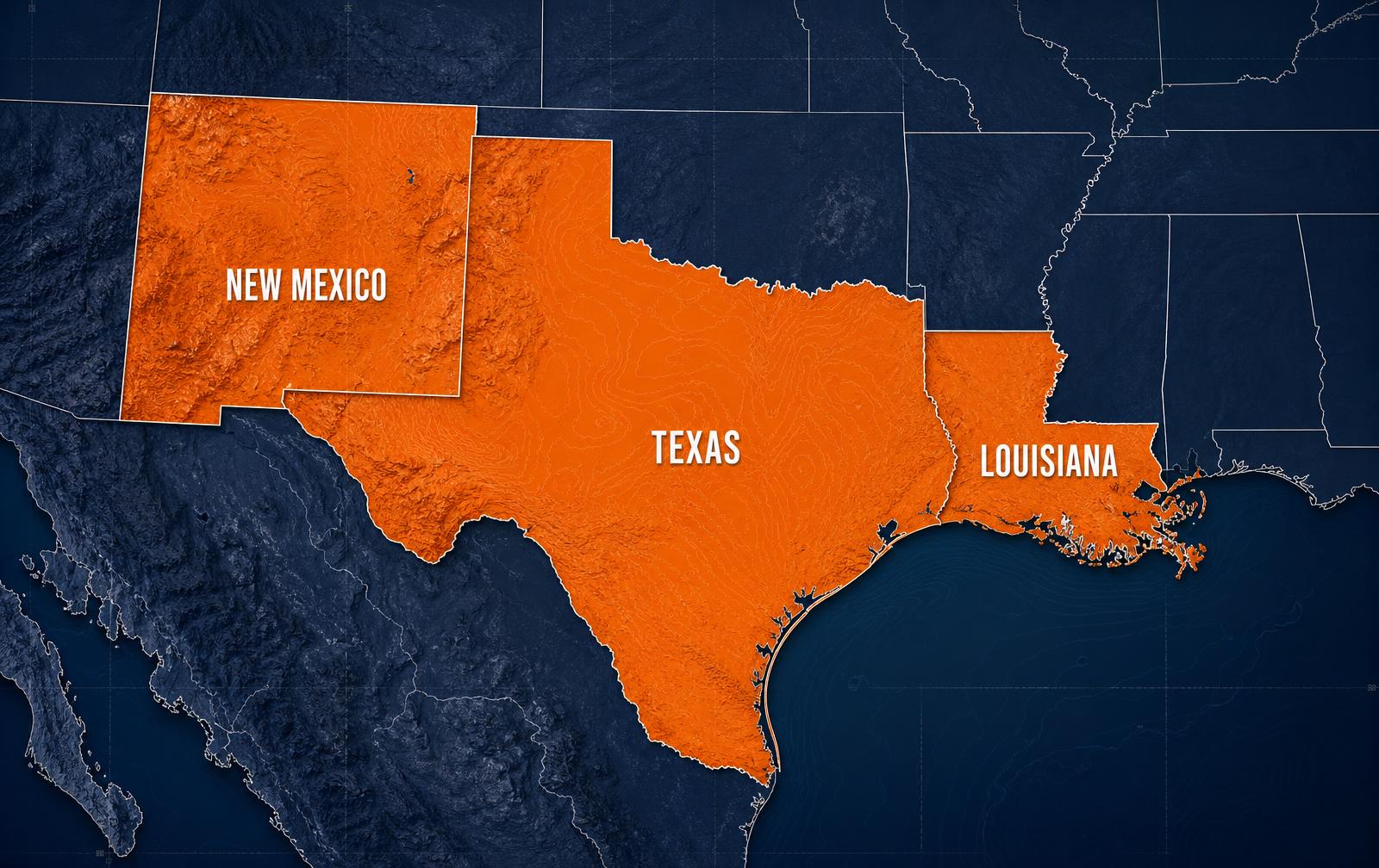 Map of the GFP Equipment service area: Louisiana, Texas, and New Mexico